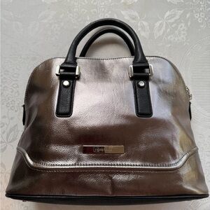 Ivanka Trump Metallic Silver/Black Gunmetal Faux Leather Satchel Shoulder Bag